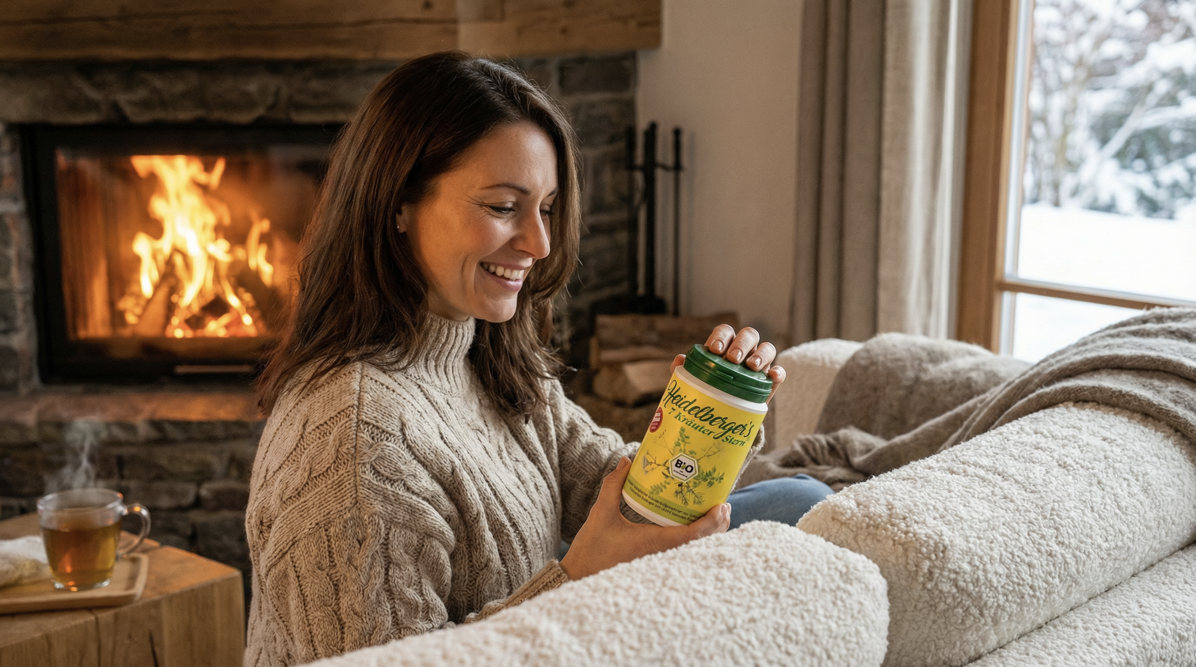 Mevrouw kijkt naar de pot kruiden van Heidelberger's7 bij de openhaard